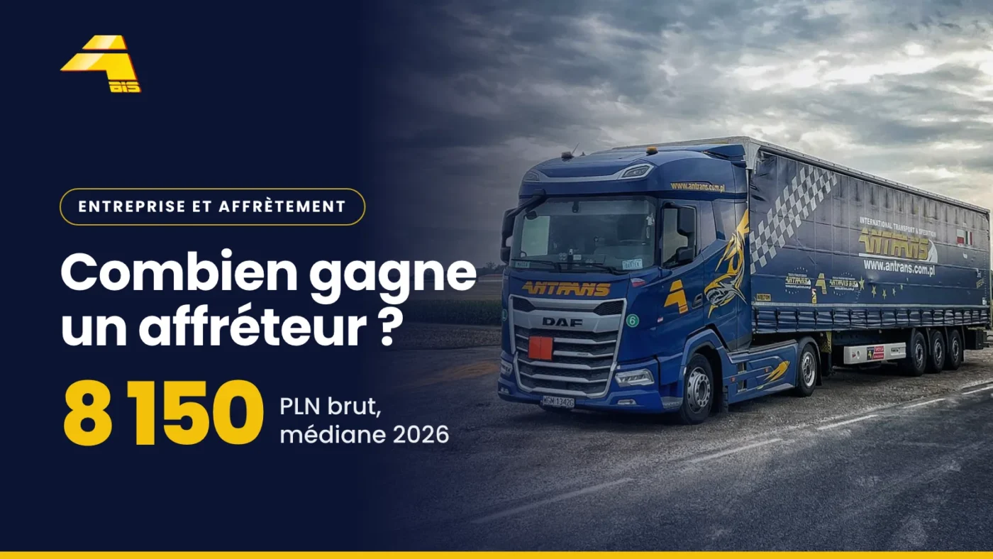 Combien gagne un affréteur ? 8 150 PLN brut, médiane 2026 en Pologne, photo d’un camion Antrans BiS