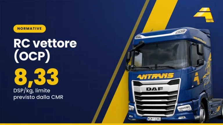 RC del vettore (OCP): 8,33 DSP/kg, limite di responsabilità previsto dalla Convenzione CMR, trattore stradale DAF di Antrans BiS su sfondo blu scuro