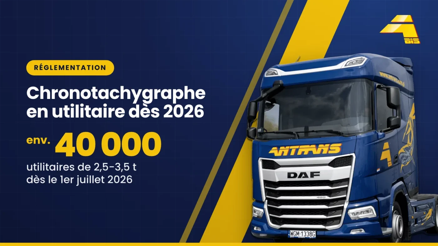 Chronotachygraphe en utilitaire dès 2026 : environ 40 000 utilitaires de 2,5-3,5 t dès le 1er juillet 2026, tracteur routier DAF d'Antrans BiS sur fond bleu marine