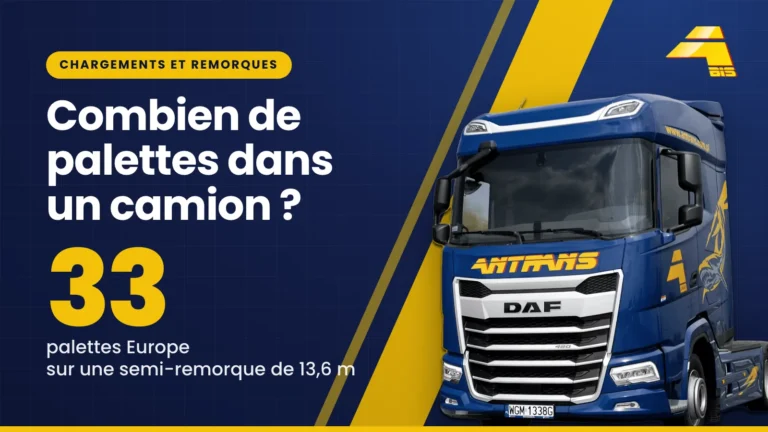 Combien de palettes dans un camion ? 33 palettes Europe sur une semi-remorque de 13,6 m, tracteur routier DAF Antrans BiS sur fond bleu marine