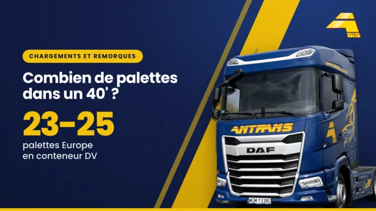 Combien de palettes dans un conteneur 40' ? 23-25 palettes Europe en conteneur DV, tracteur routier DAF Antrans BiS sur fond bleu marine