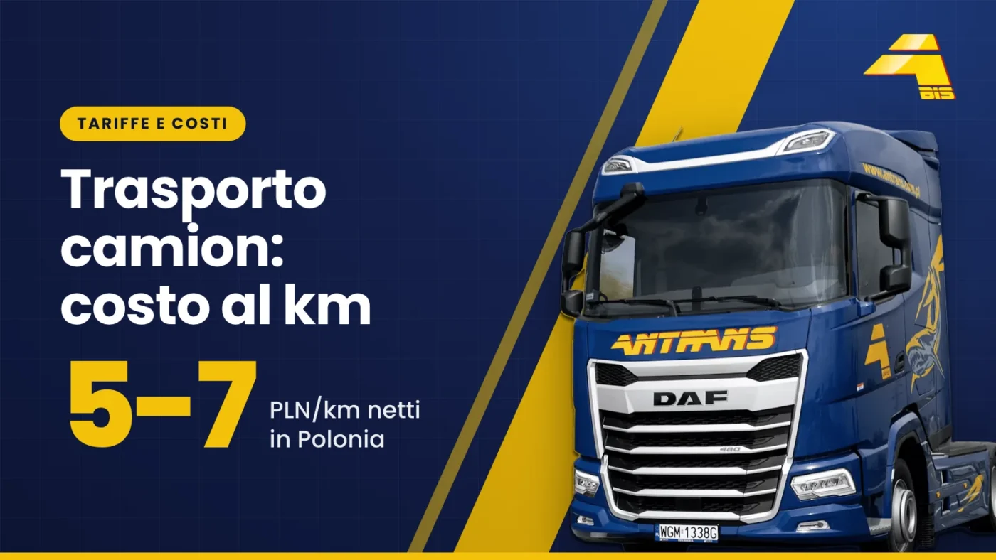 Trasporto con camion, costo al km: 5-7 PLN/km netti in Polonia, trattore stradale DAF di Antrans BiS su sfondo blu scuro