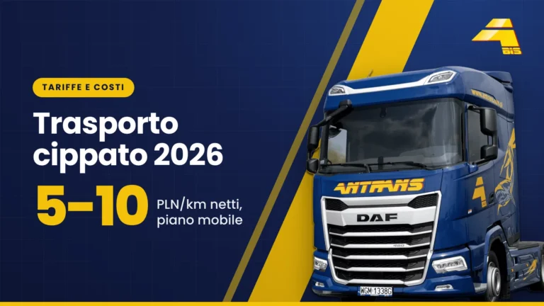 Trasporto di cippato 2026: 5-10 PLN/km netti, piano mobile, trattore stradale DAF Antrans BiS su sfondo blu navy