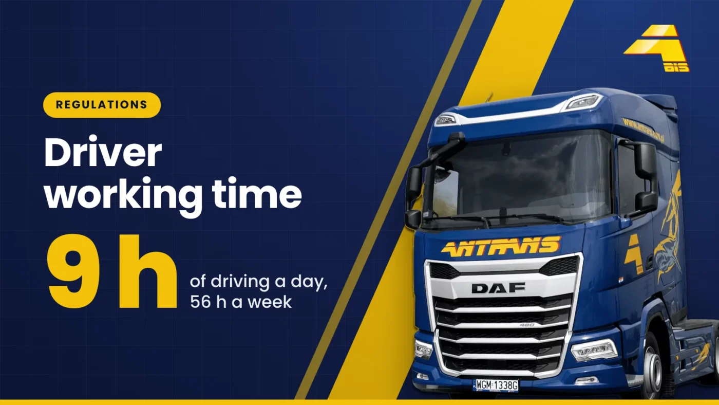 Driver working time: 9 h of driving a day, 56 h a week, Antrans BiS DAF tractor unit on a navy background