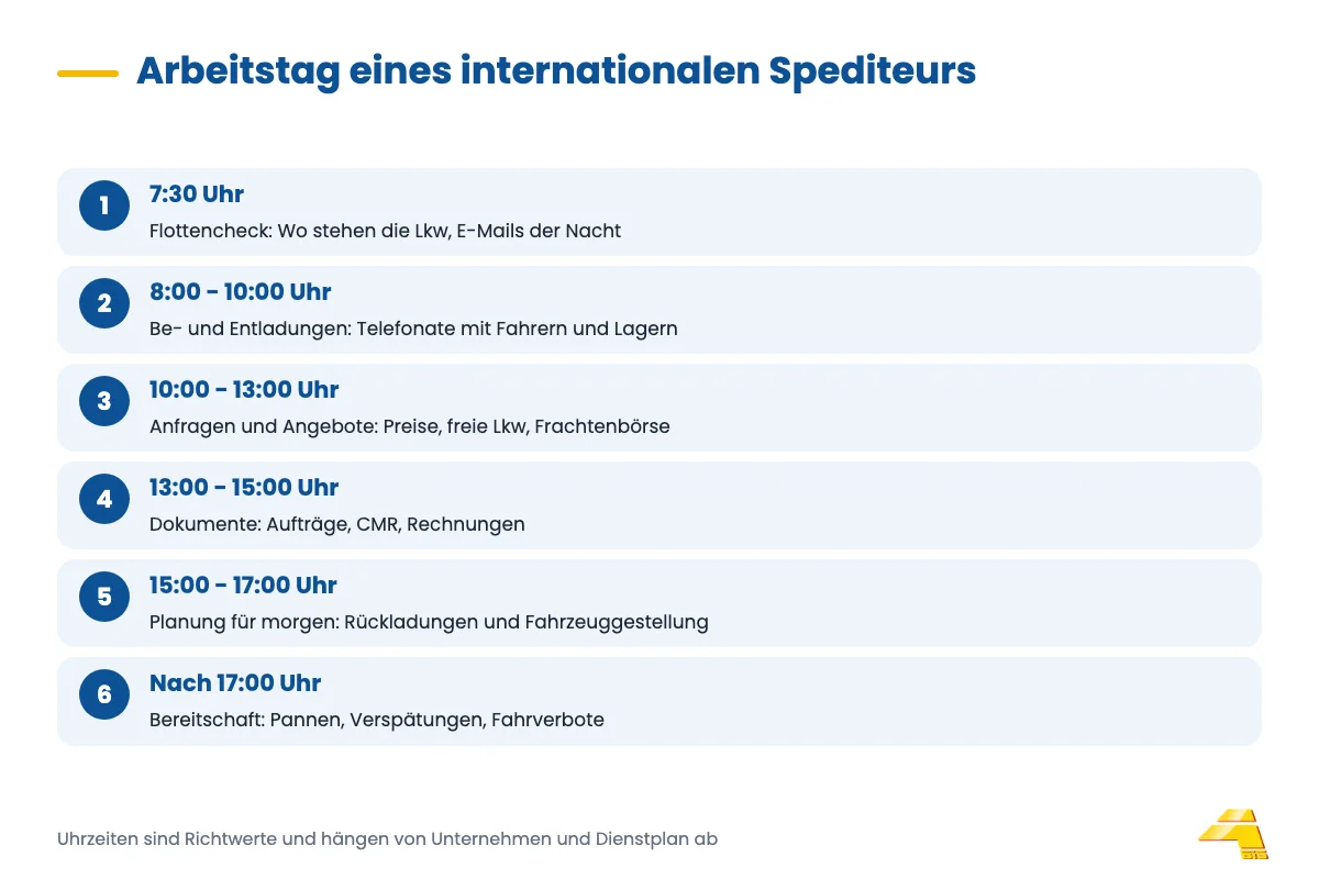 Zeitachse: typischer Arbeitstag eines Spediteurs vom morgendlichen Flottencheck bis zur abendlichen Bereitschaft