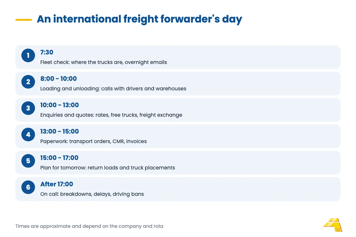 Timeline: a sample working day of a freight forwarder, from the morning fleet check to evening on-call duty