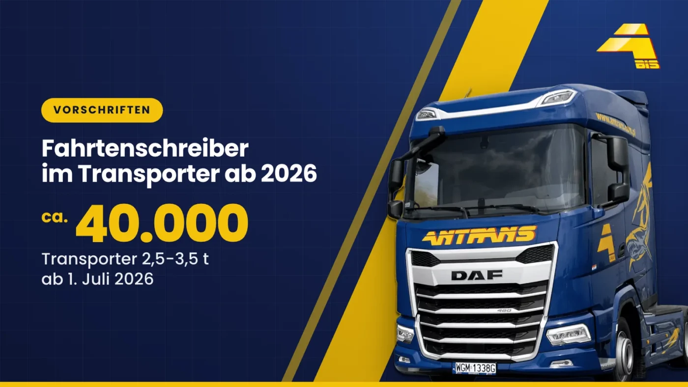 Fahrtenschreiber im Transporter ab 2026: ca. 40.000 Transporter mit 2,5-3,5 t ab 1. Juli 2026, DAF-Sattelzugmaschine von Antrans BiS auf dunkelblauem Hintergrund