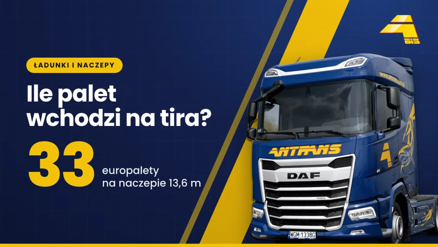 Ile palet wchodzi na tira? Konkretne liczby, tabele i wyjaśnienie 5 Ile palet wchodzi na tira? 33 europalety na naczepie 13,6 m, ciągnik DAF Antrans BiS na granatowym tle