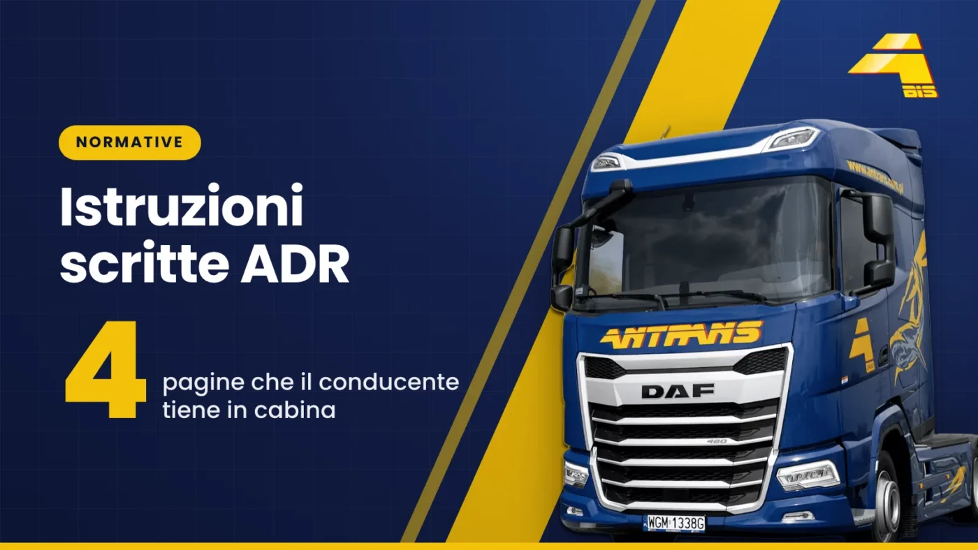 Istruzioni scritte ADR: 4 pagine che il conducente tiene in cabina, trattore stradale DAF di Antrans BiS su sfondo blu scuro