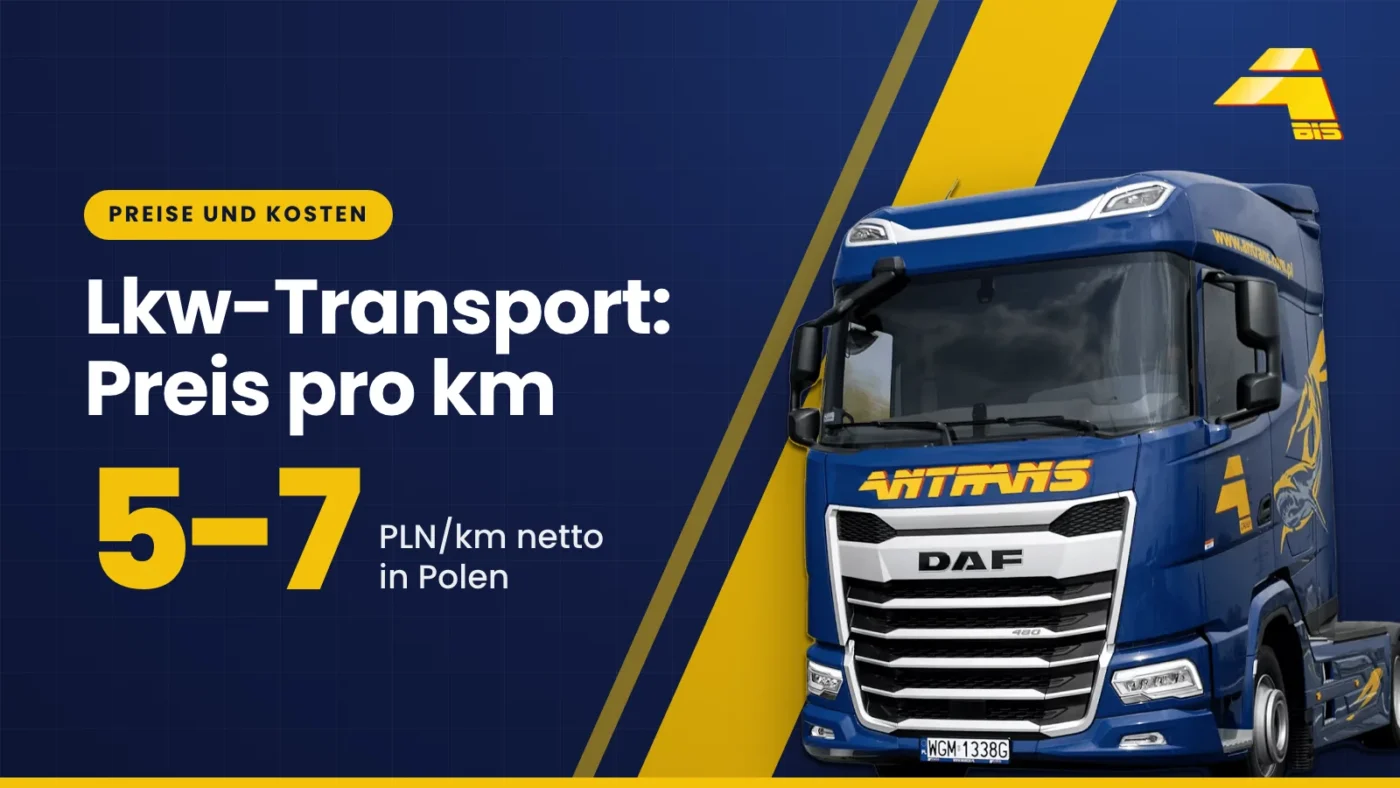 Lkw-Transport, Preis pro km: 5-7 PLN/km netto in Polen, DAF-Sattelzugmaschine von Antrans BiS auf dunkelblauem Hintergrund