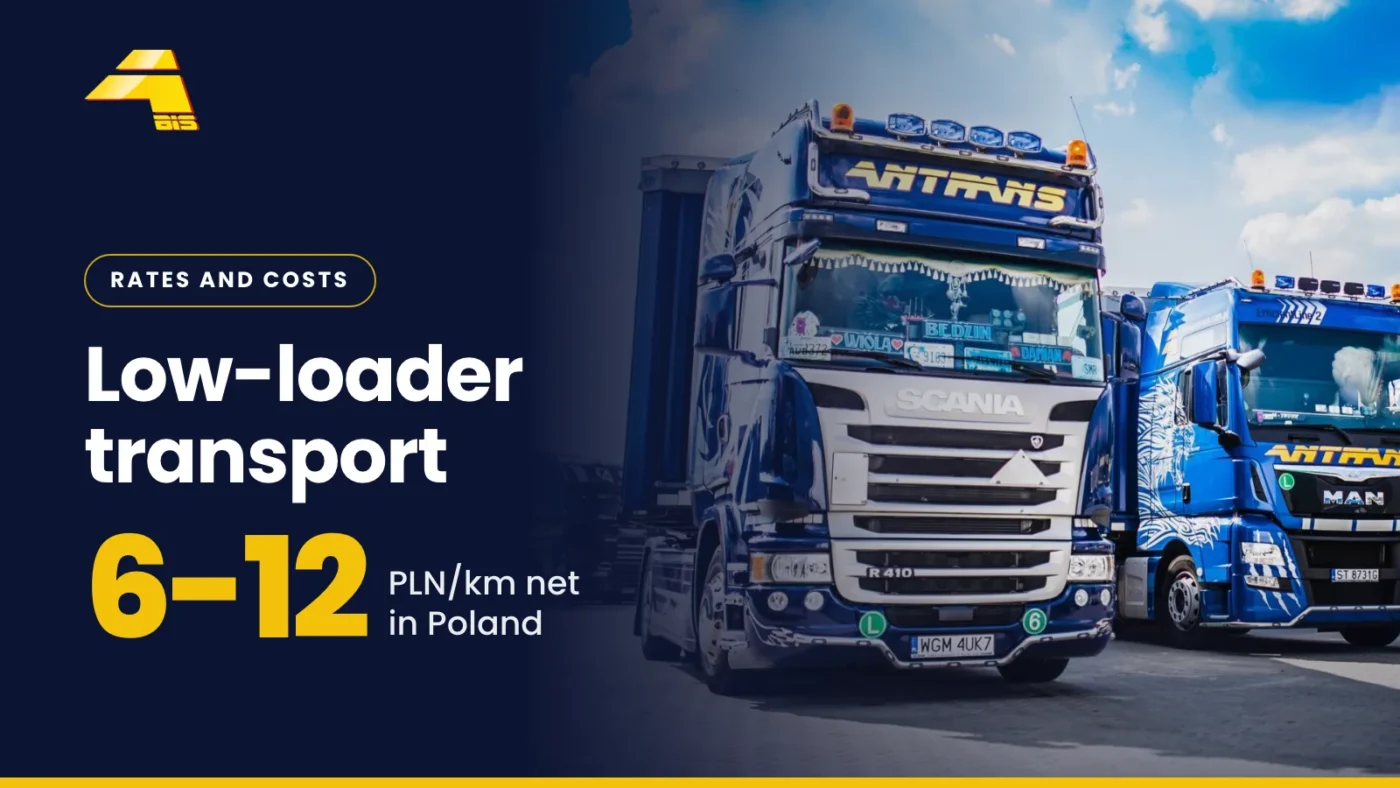 Low-loader transport: 6-12 PLN/km net within Poland, photo of an Antrans BiS truck
