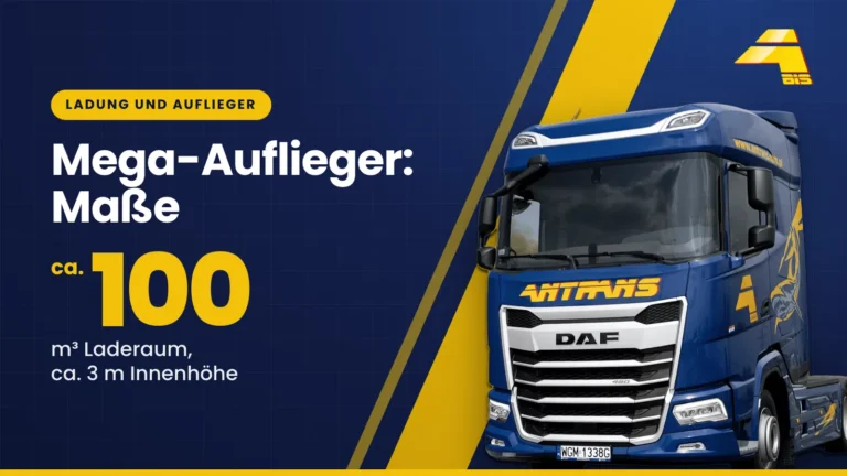 Mega-Auflieger, Maße: ca. 100 m³ Laderaum, ca. 3 m Innenhöhe, DAF-Sattelzugmaschine von Antrans BiS auf dunkelblauem Hintergrund