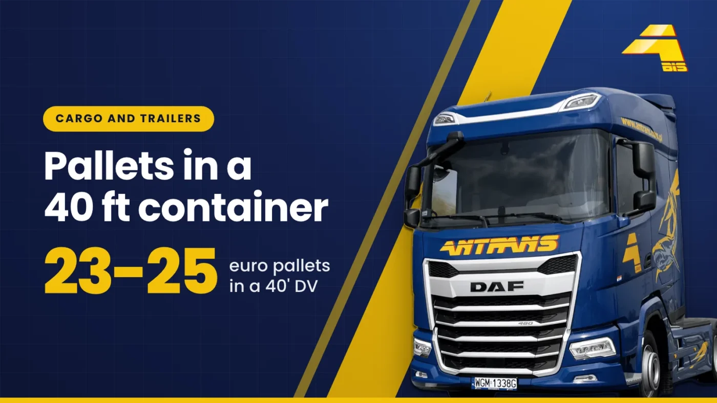 Pallets in a 40 ft container: 23-25 euro pallets in a 40' DV, Antrans BiS DAF tractor on a navy background