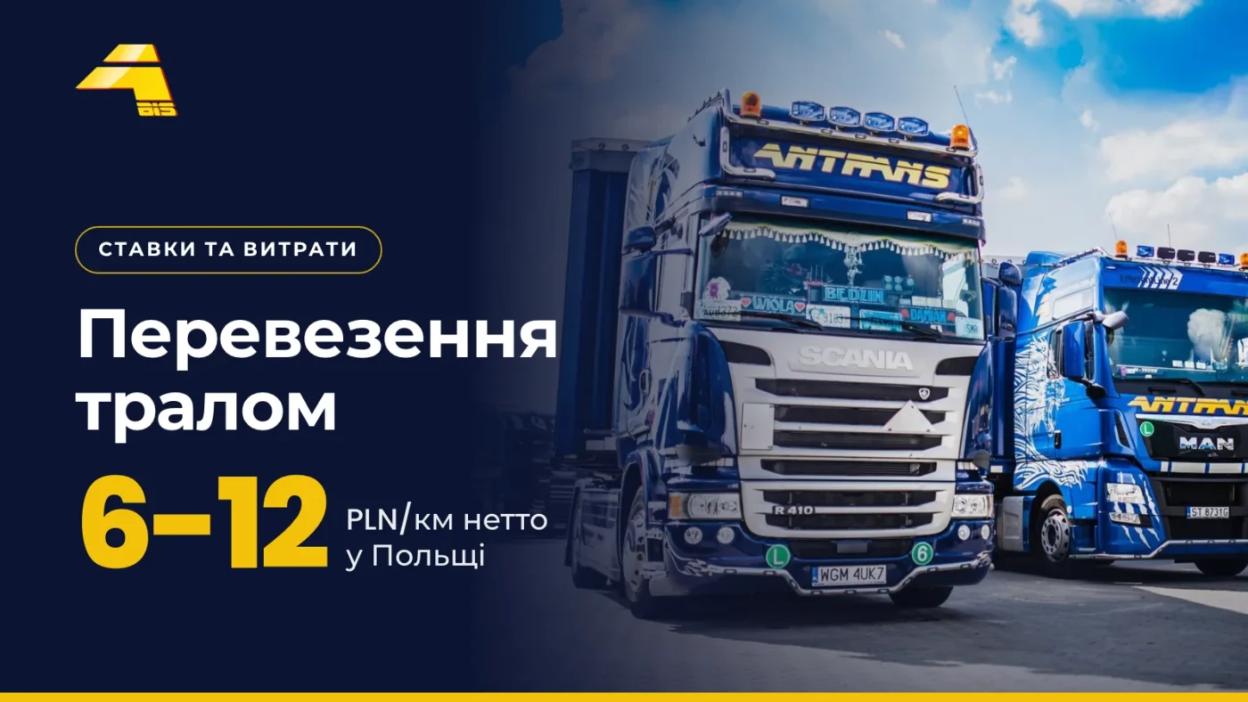 Перевезення низькорамним тралом: 6-12 PLN/км нетто в межах Польщі, фото вантажівки Antrans BiS