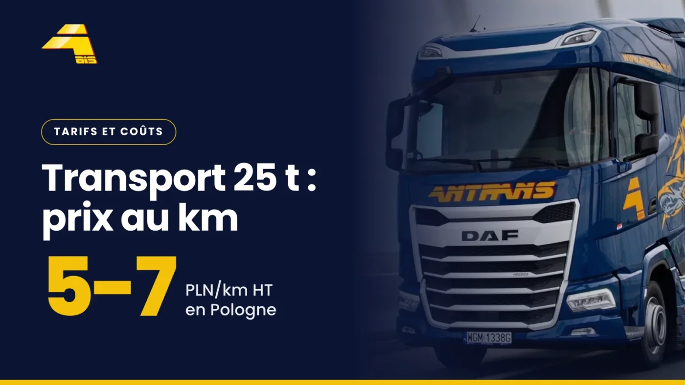 Combien coûte le transport de 25 tonnes au km en 2026 ? 2 Transport de 25 tonnes : prix au km : 5-7 PLN/km HT en Pologne, photo d'un camion Antrans BiS
