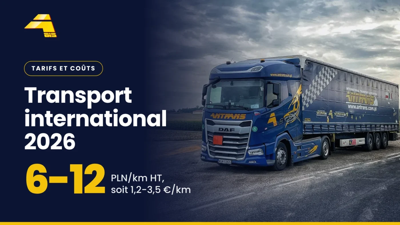 Transport international 2026 : 6-12 PLN/km HT, soit 1,2-3,5 €/km, photo d’un camion Antrans BiS