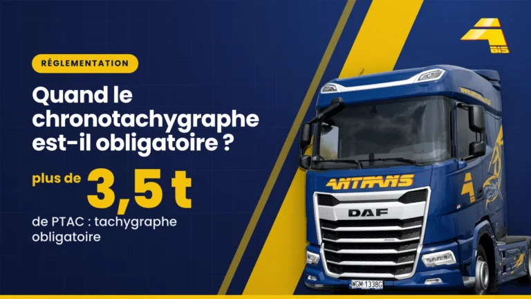 Quand le chronotachygraphe est-il obligatoire ? Plus de 3,5 t de PTAC : tachygraphe obligatoire, tracteur routier DAF Antrans BiS sur fond bleu marine