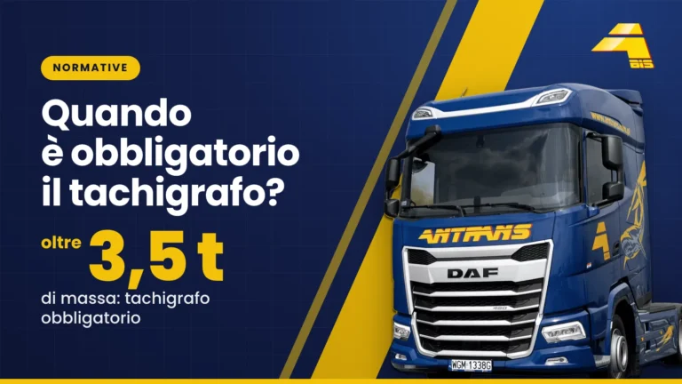 Quando è obbligatorio il tachigrafo? Oltre 3,5 t di massa complessiva: tachigrafo obbligatorio, trattore stradale DAF Antrans BiS su sfondo blu navy