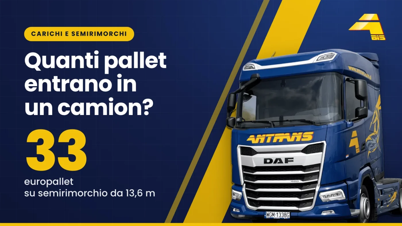 Quanti pallet entrano in un camion? 33 europallet su un semirimorchio da 13,6 m, trattore stradale DAF di Antrans BiS su sfondo blu scuro