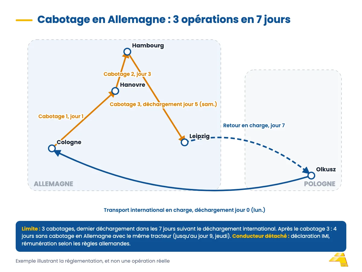 Schéma d’itinéraire&nbsp;: transport de Pologne à Cologne, trois cabotages en Allemagne en 7 jours et retour en charge vers la Pologne