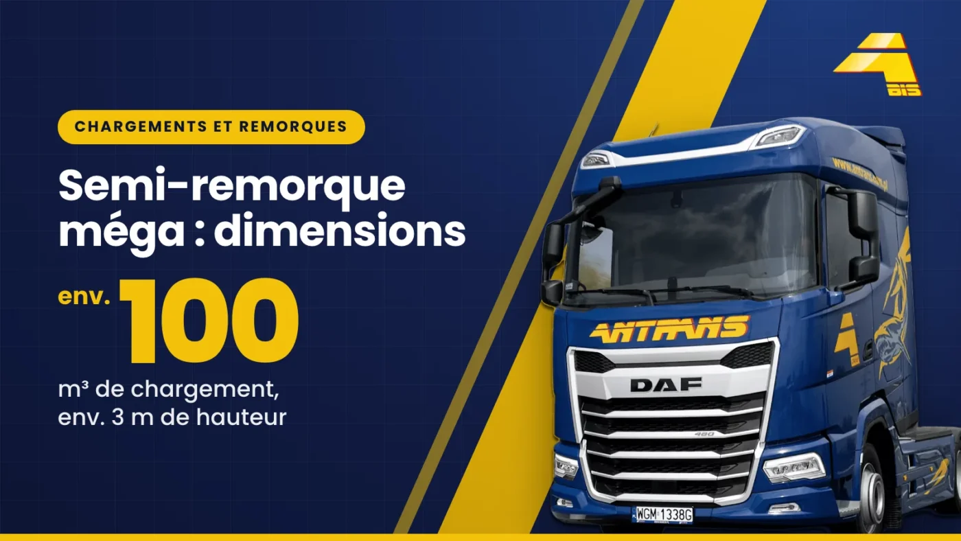 Semi-remorque méga, dimensions : environ 100 m³ de volume utile, environ 3 m de hauteur intérieure, tracteur DAF Antrans BiS sur fond bleu marine