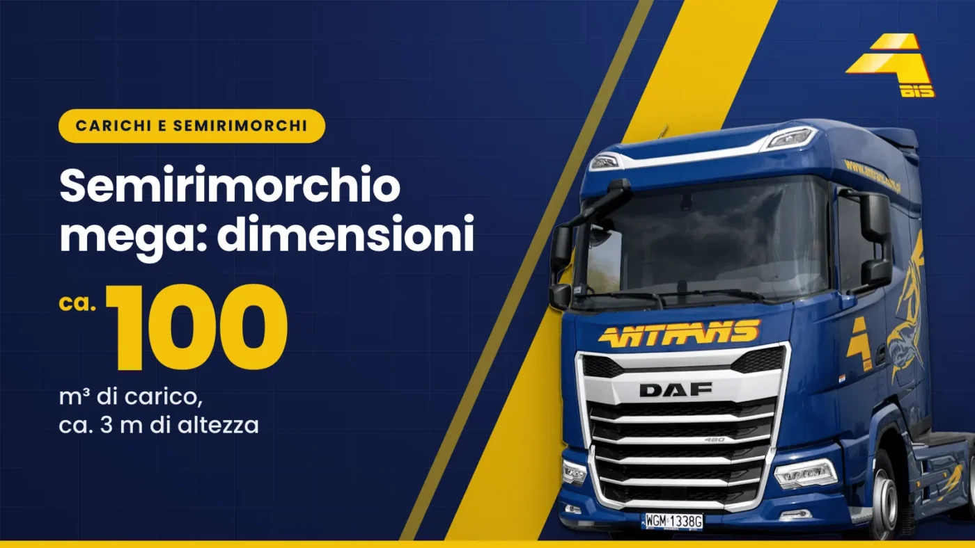 Semirimorchio mega, dimensioni: circa 100 m³ di carico, circa 3 m di altezza interna, trattore stradale DAF di Antrans BiS su sfondo blu scuro