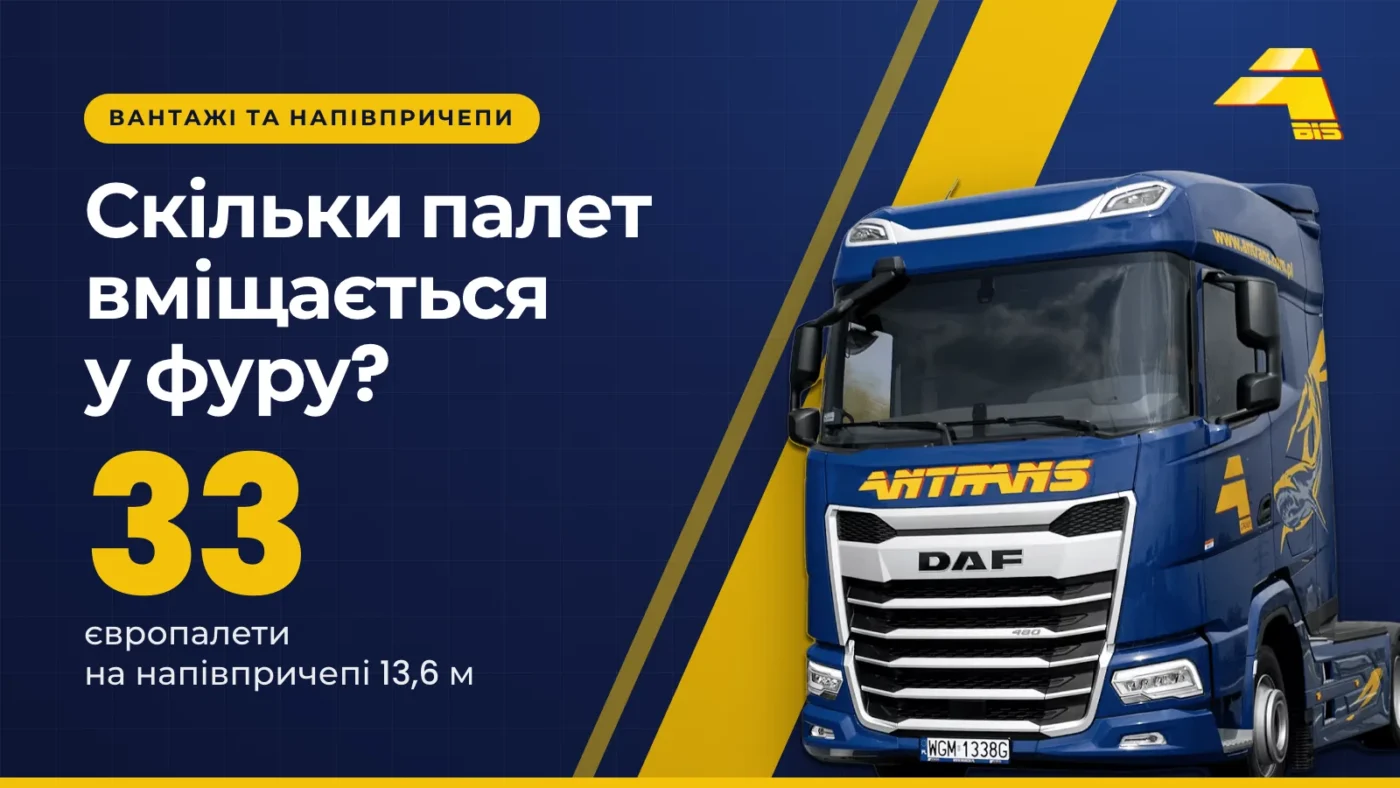 Скільки палет вміщається у фуру? Конкретні цифри, таблиці й пояснення 2 Скільки палет вміщається у фуру? 33 європалети на напівпричепі 13,6 м, сідловий тягач DAF Antrans BiS на темно-синьому тлі