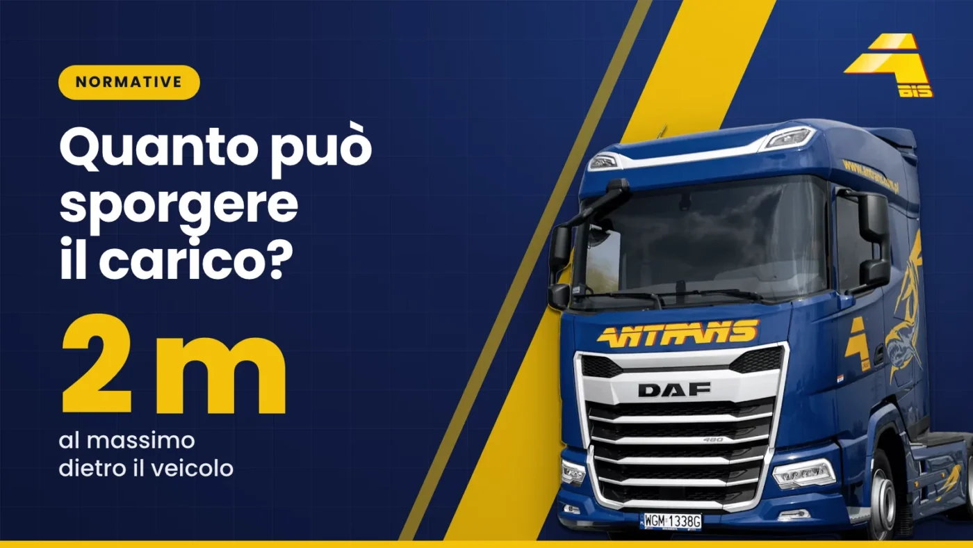 Quanto può sporgere il carico? Al massimo 2 m dietro il veicolo, trattore stradale DAF di Antrans BiS su sfondo blu navy