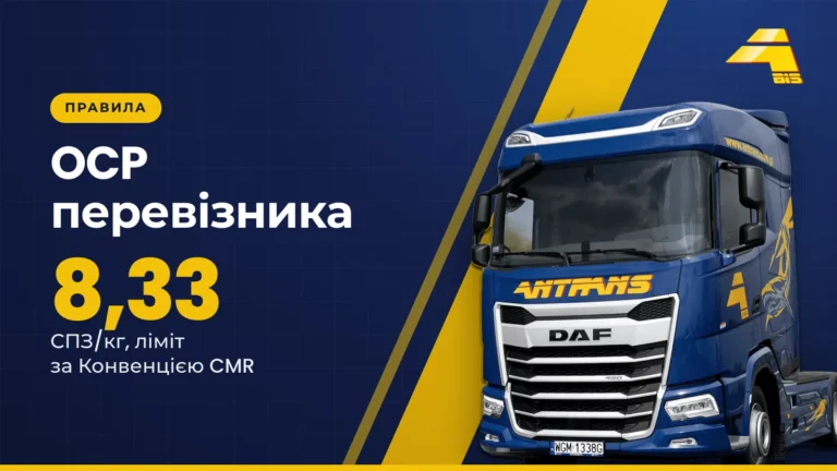OCP перевізника: 8,33 СПЗ/кг, ліміт відповідальності за Конвенцією CMR, сідловий тягач DAF Antrans BiS на темно-синьому тлі