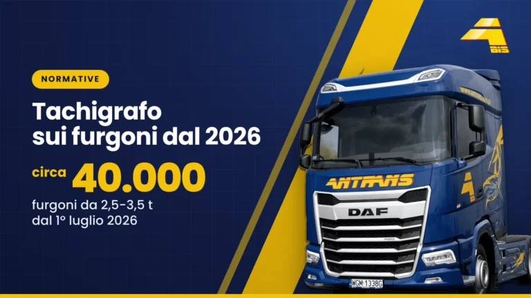 Tachigrafo sui furgoni dal 2026: circa 40.000 furgoni da 2,5-3,5 t dal 1º luglio 2026, trattore stradale DAF di Antrans BiS su sfondo blu scuro