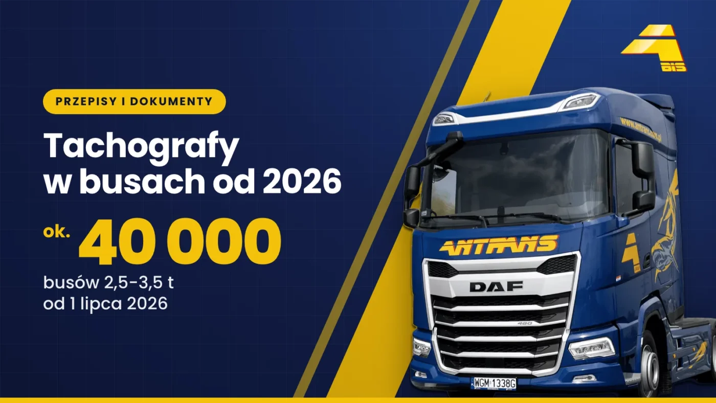 Tachografy w busach od 2026. Nowe przepisy dla przewoźników 5 Tachografy w busach od 2026: ok. 40 000 busów 2,5-3,5 t od 1 lipca 2026, ciągnik DAF Antrans BiS na granatowym tle