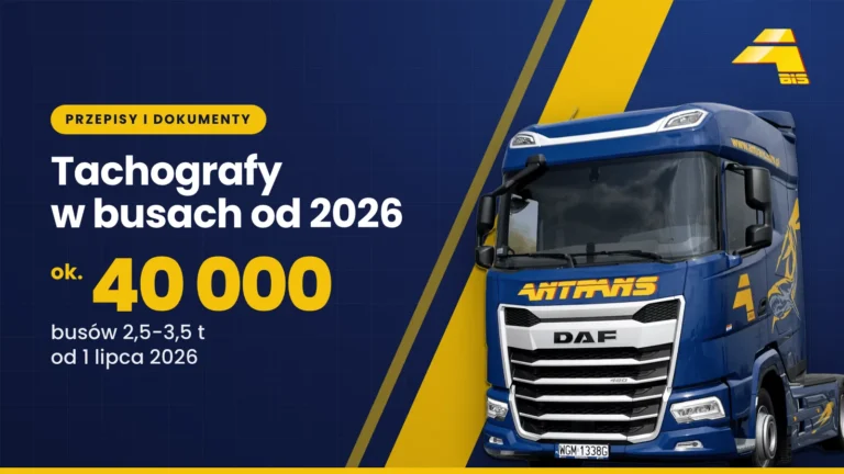 Tachografy w busach od 2026. Nowe przepisy dla przewoźników 29 Tachografy w busach od 2026: ok. 40 000 busów 2,5-3,5 t od 1 lipca 2026, ciągnik DAF Antrans BiS na granatowym tle