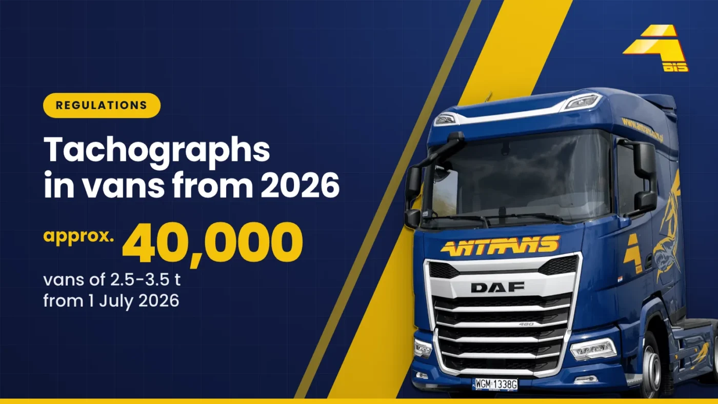 Tachographs in vans from 2026: approx. 40,000 vans of 2.5-3.5 t from 1 July 2026, Antrans BiS DAF tractor unit on a navy background
