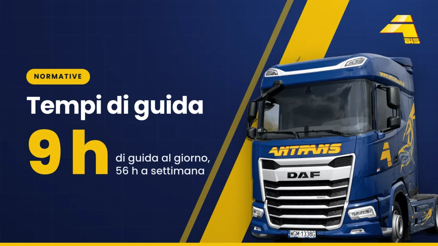 Tempi di guida: 9 h di guida al giorno, 56 h a settimana, trattore stradale DAF di Antrans BiS su sfondo blu scuro