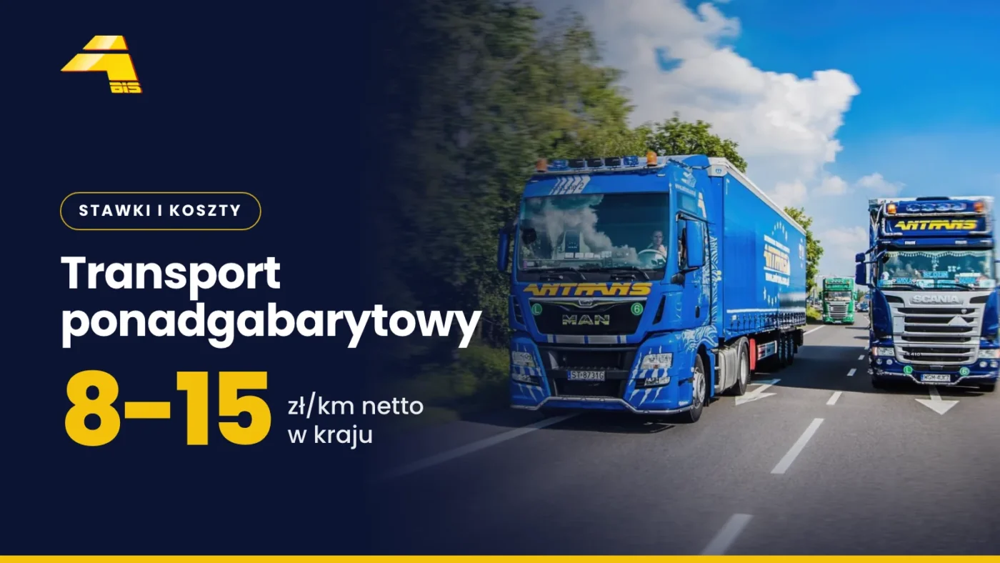 Transport ponadgabarytowy - cena za km, stawki za gabaryt 5 Transport ponadgabarytowy: 8-15 zł/km netto w kraju, zdjęcie ciężarówki Antrans BiS
