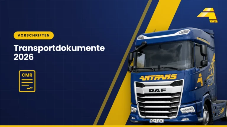 Transportdokumente 2026, DAF-Sattelzugmaschine von Antrans BiS auf dunkelblauem Hintergrund