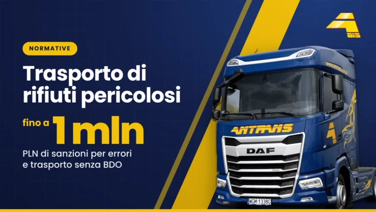 Trasporto di rifiuti pericolosi: fino a 1 mln PLN di sanzioni per errori e trasporto senza iscrizione al BDO, trattore stradale DAF Antrans BiS su sfondo blu scuro