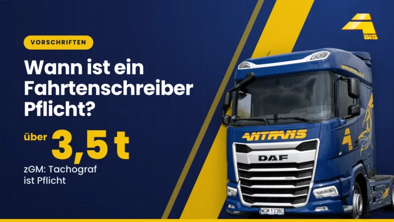 Wann ist ein Fahrtenschreiber Pflicht? Über 3,5 t zGM ist ein Tachograf Pflicht, DAF-Sattelzugmaschine von Antrans BiS auf dunkelblauem Hintergrund